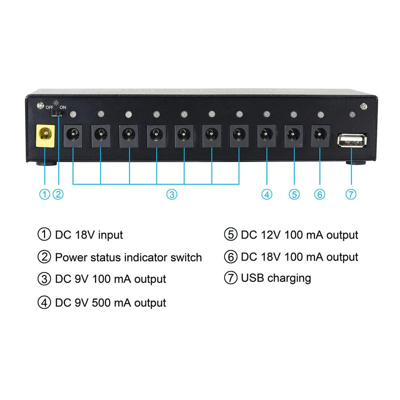 Rowin PW-1 Guitar Pedal Power Supply 10 Isolated DC Output for 9V/12V/18V Guitar Bass Effect Pedals with USB Charging Port for iPhone iPad Tablet - Image 4